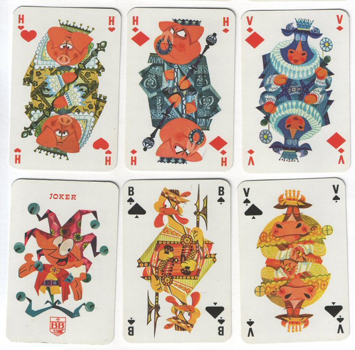 Non-standard playing cards. Boerenbond Veevoeders, courts are cows chickens pigs in cartoon art form, unusual designed pips. 52 + special Joker + box, mint