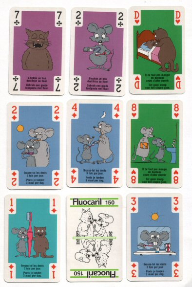 . Fluocaril. Non-standard playing cards Delightful colourful cartoons of cats & mice taking care of their teeth  