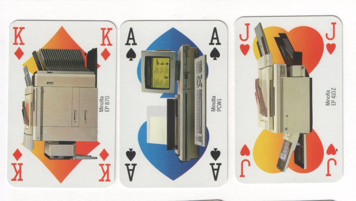 Non-standard playing cards courts. Minolta. Products on courts and on all 2's 4's & aces, lovely colourful deck. 52 + 3 jokers + box. all Mint