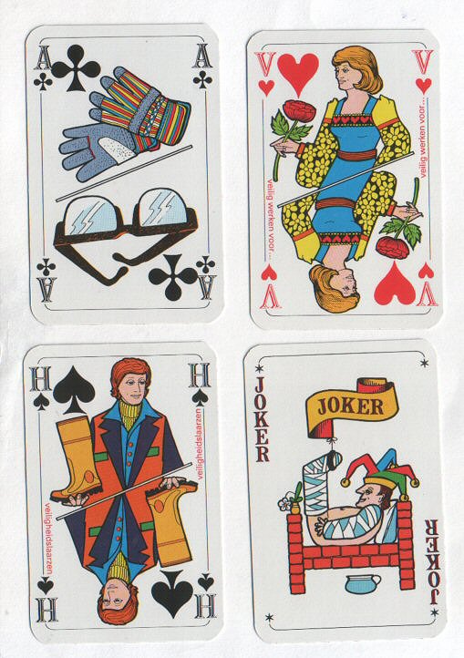 Non-standard playing cards courts. Bouw Veilig. special printing for a Dutch security co. 1977 colourful courts holding products, nice art. 52 + spare card + 2 special jokers + box, mint