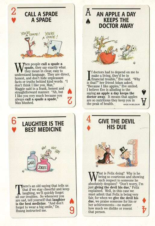 Non-standard playing cards. Proverbs, pretty cartoons & explanations for famous sayings, nice deck. 52 mint