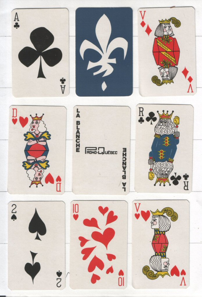 Non-standard playing cards. Quebec la Blanche 1960 delightful cartoon courts, unusual pip cards, designed by Normand Fedon 52 + special .Joker +  spare cards + box v-n. rare 