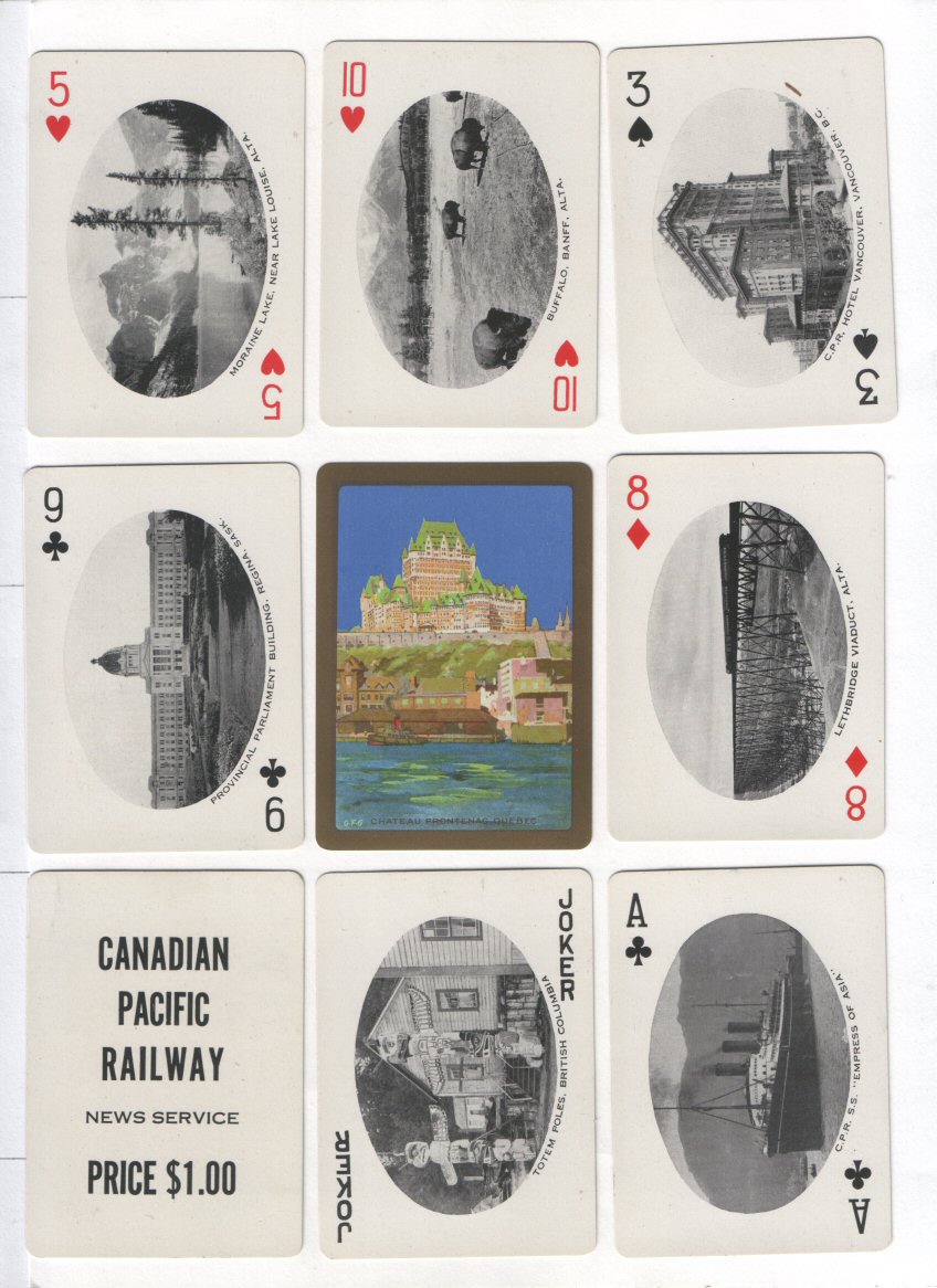 Non-standard playing cards. Canadian Pacific Railway News Service, circa 1910. Wide 52 oval scenes + special Joker of Totem Poles + index cards listing all scenes + advertising card, all excellent condition