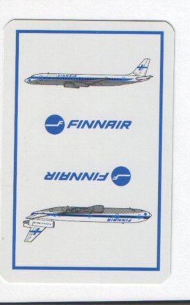 advertising playing cards. Finnair, Finland airlines, 52 + 3 jokers + box, all Mint, back shows 2 modern jet aircraft in art style, silver ; blue on white. 