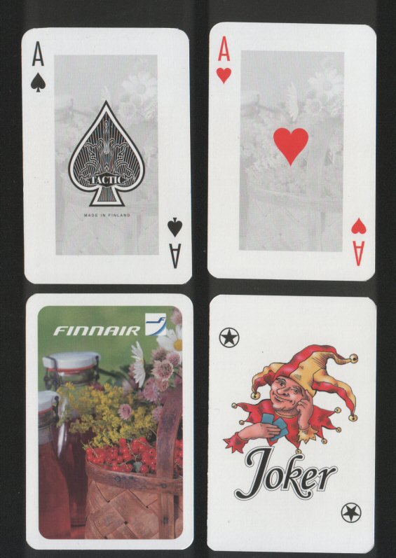 advertising playing cards. Finnair, Finland airlines shows fruit & drinks, all pip cards have floral background on faces, 52 + 2 very unusual jokers + box. all Mint