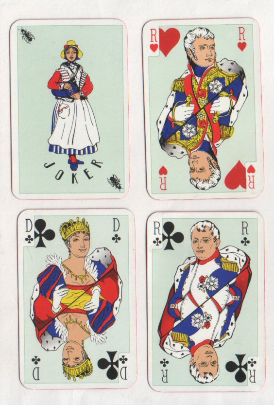 Non-standard playing cards. .  Napoleon 1960 by Catel & Farcy.  Courts show the Emporer and his court, nice quality deck, 52 + special joker + 2 sc + pl.box  all Mint.  Box has head of Napoleon embossed on lid.
