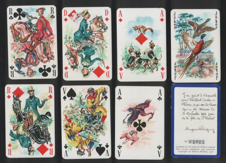 Non-standard courts. St. Hubert's Bridge 1956. Delightful artwork, gold corners, high quality as is the standard for Philibert playing cards decks. 52 + 2 special Jokers + s. card, all near-mint Mint