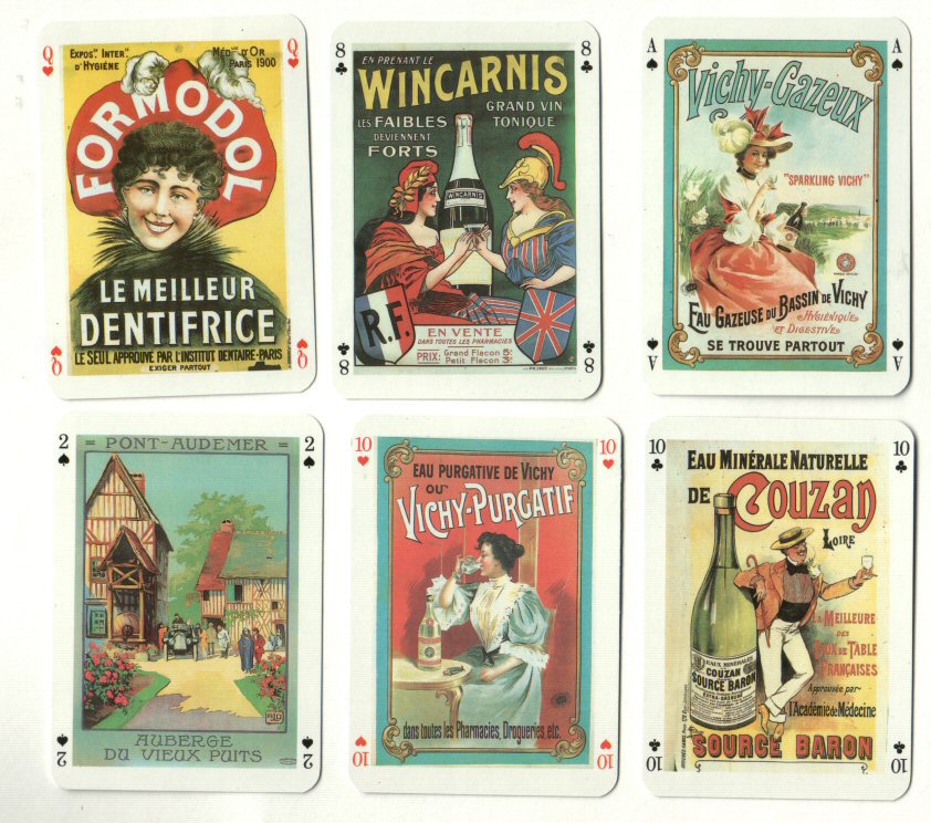 Non-standard playing cards. . dd. Le Vieux Pain ( old bread ) absolutely beautiful cards depicting in full colour lots of ancient advertising posters from the turn of the last century 1900. Special set of 2 decks in dd box but only one has the ns images and the other is just a beautiful deck of cards, made to match. 52 + joker + advertising special card x 52 + joker + advertising sc + dd box all MINT, delightful set of cards