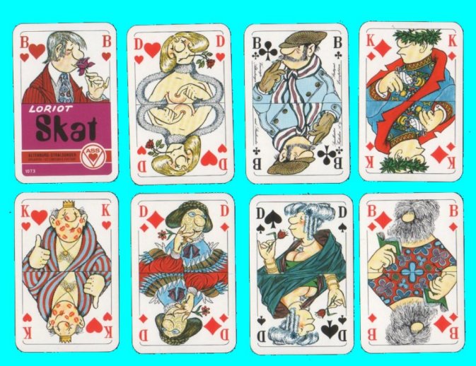 Non-standard court playing cards . Loriot, lovely erotic cartoon courts, 32 card skat + sc + box M
