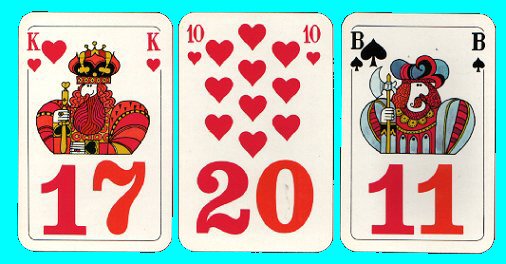 Non-standard playing cards. Eisfink Skatkalender 1970, each card shows half a card and half a number from 00 thru 31 making it useful as a calendar, very beautiful art, extremely pretty cartoon courts, produced to promote a company named K & K. 32 card skat deck complete, all mint