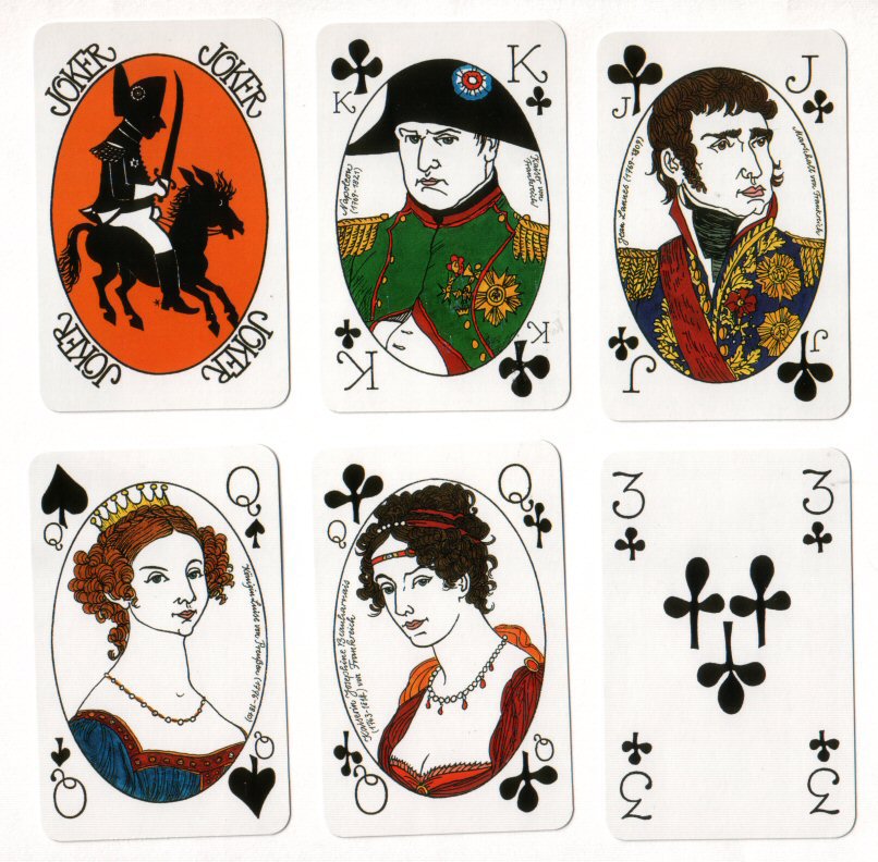 Non-standard playing cards. Napoleon playing cards . Unusual pips, historical characters on courts, 52 + lflt + special "Napoleon" joker + box, all mint