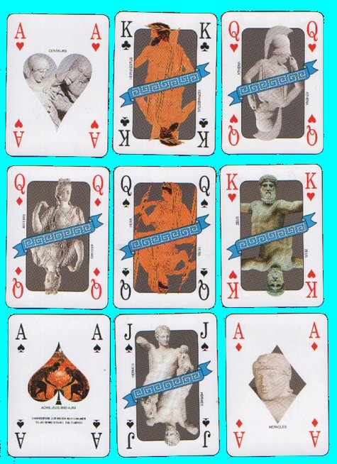 Non-standard playing cards courts. Greek Mythology, scenes of sculptures as courts, all famous Greek Gods, unusual pretty playing cards deck 52 + box all MINT