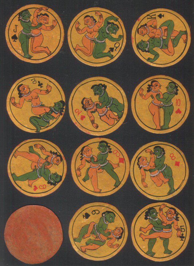 Kama Sutra, very old circular lacquered hand made playing  cards depicting the erotic variances of the Kama Sutra on each card with English style indices, very rare item, adults only