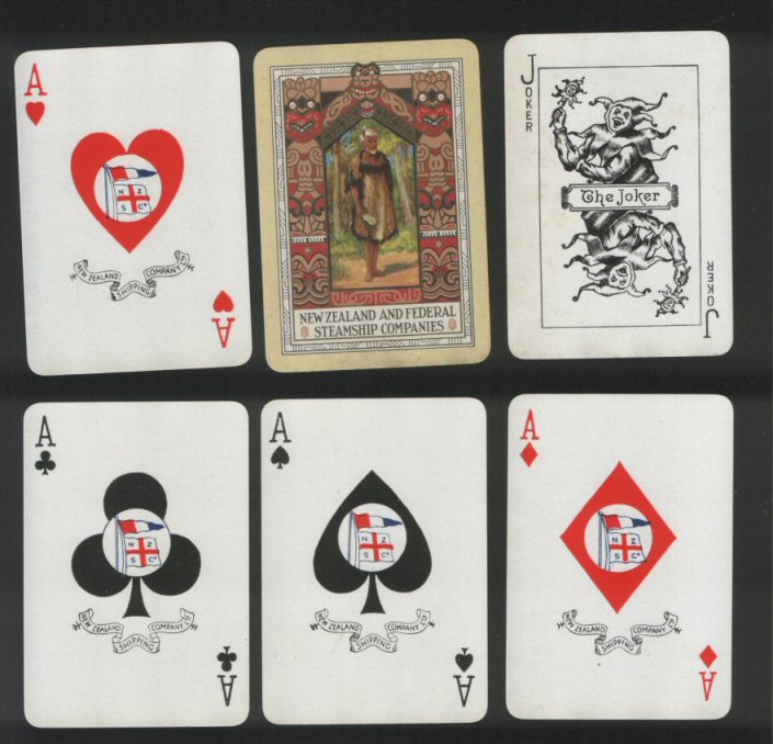 New Zealand & Federal Steamship, an amazingly beautiful early wide playing cards deck depicting Maori chief and intricate maori designs cards are perfectly MINT, beautiful non-standard aces 52 + joker + sc all pristine MINT + stiff drawer-slide box vg, end panel gone.