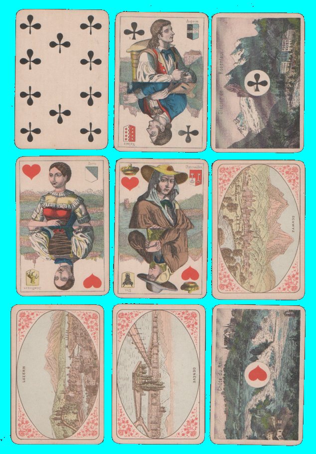 Non-standard playing cards. Vues & Costumes Suisse by Muller & cie, circa 1880 -90's. A beautiful playing cards deck with the courts dressed in regional costumes, and the back of every card is a different scene of Switzerland, chromo-litho printing, a most beautiful & unusual deck, gold corners,  vg-n