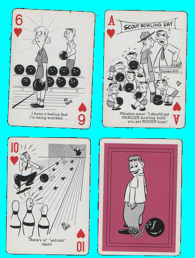 Non-standard playing cards. Bowl Up, 52 lovely art cartoons humour re Bowling + extra joker with poetry, all mint + box vg-n