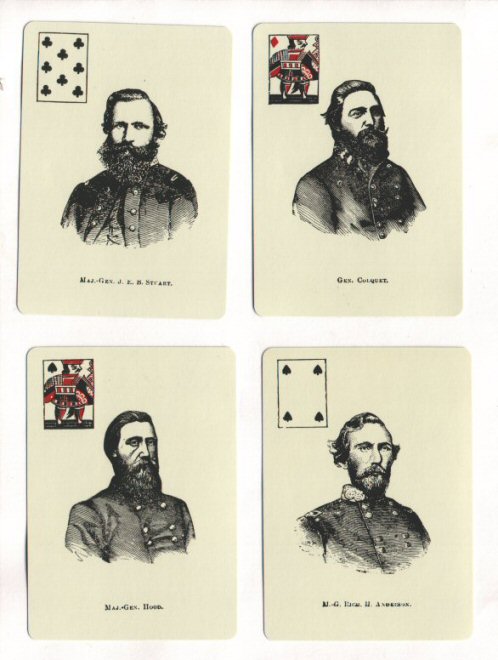 Non-standard playing cards. Confederate Generals, lovely repro deck of the 1863 civil war cards, all non-standard, images of generals, 52 + 2 information cards + box, all Mint. was NOT made with jokers, like original.