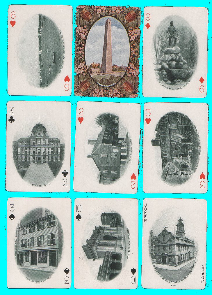 Historic Boston souvenir playing cards deck 1900 by Chisholm, lovely early wide deck, all different images in monochrome green ovals, gold edges, 52 + special Joker + sc all nm - MINT + outer stiff drawer-slide box vg-n